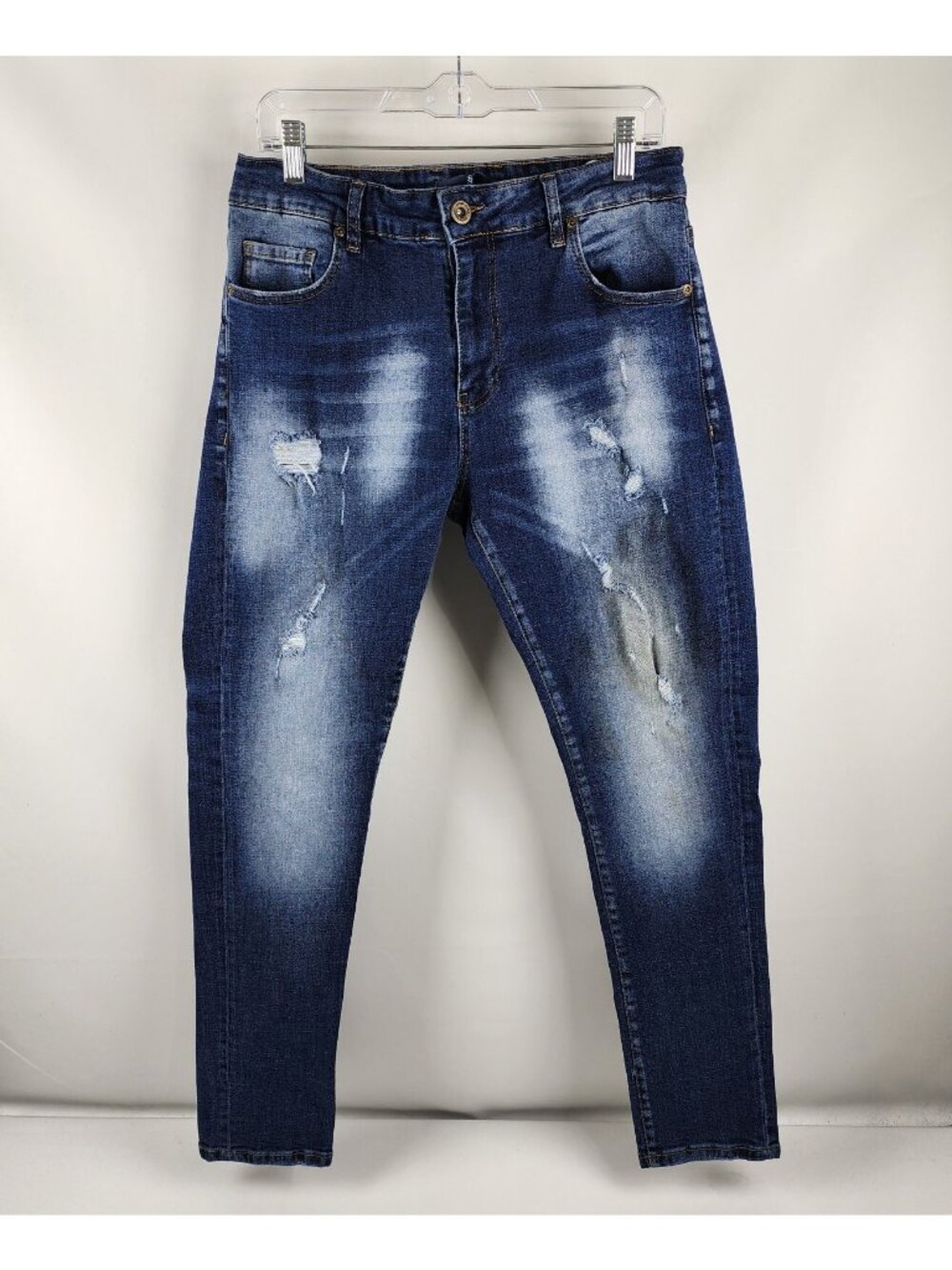 Savar European Jeans Mens 34x31 Blue Distressed Skinny Acid Wash Denim
